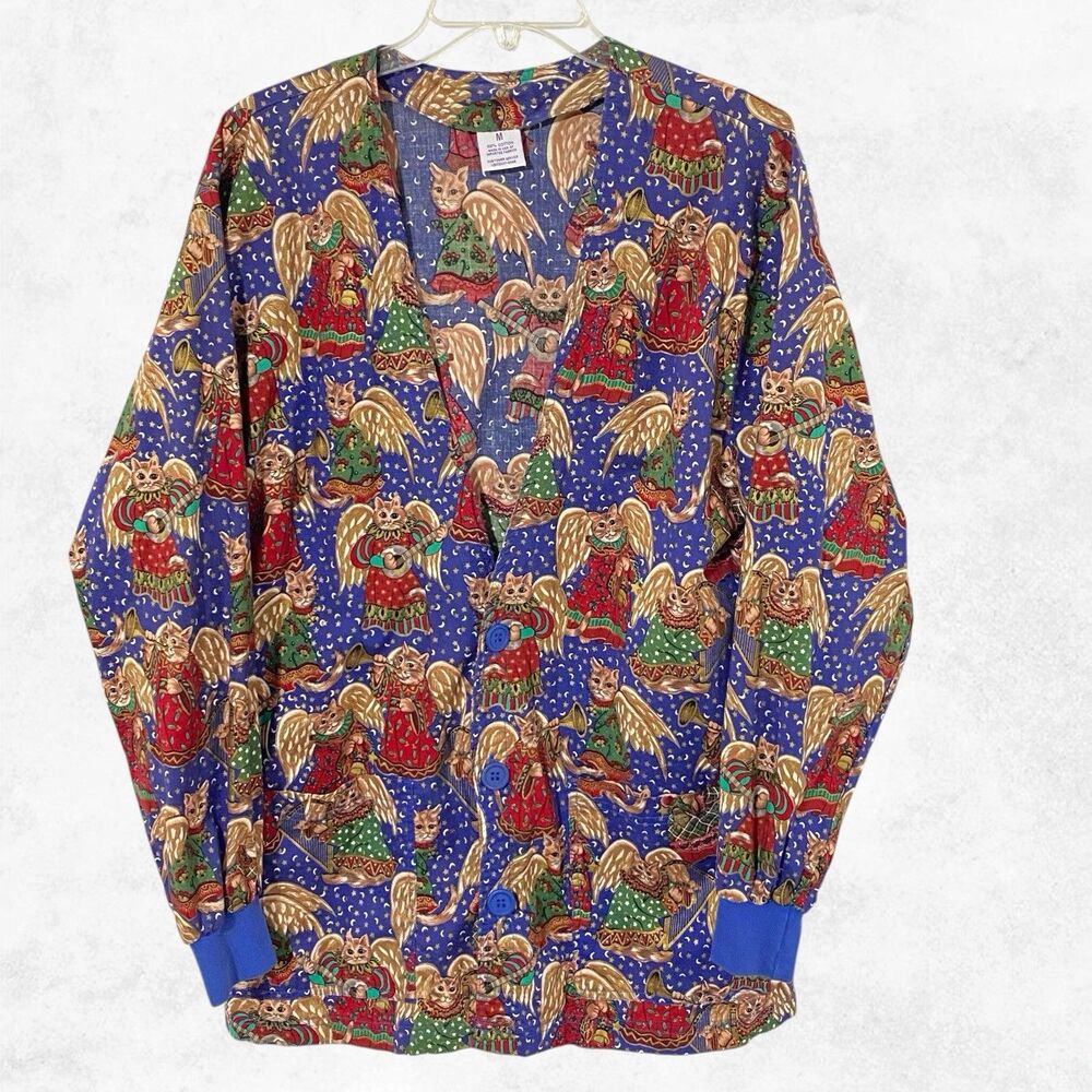 Scrubs Women's Angel Cats Christmas Scrub Jacket M Pockets button front cotton